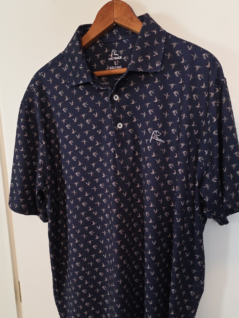 Rhoback Men's Large Navy Duck-Print Polo Shirt Perfect Condition